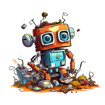 Cartoon Illustration, Junkyard Electronic Waste , Cute Robot Unhappy Bad Moody Generative Ai