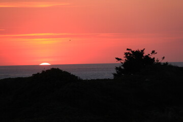 at the sea the red-golden sun shines out from behind the clouds before it sets