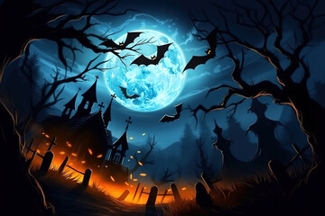Halloween mystical horror illustration. Bats, abandoned mystery house, full moon at night