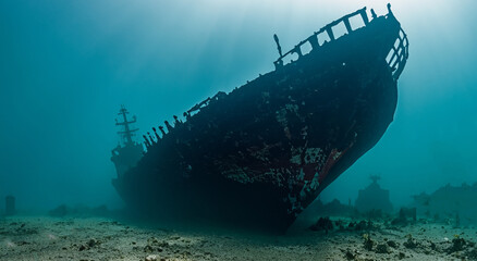 Fototapeta premium amazing sunken and rusty ship under the sea in the depths with good lighting and good resolution HD