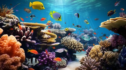 Fototapeta na wymiar Vibrant Underwater Coral Reef with Colorful Fish