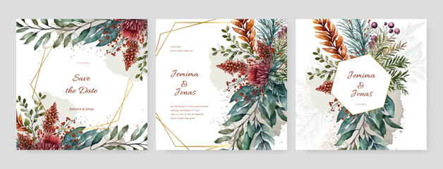 Fototapeta na wymiar colorful colourful floral flower vector watercolor colorfull wedding invitation card template set with golden floral decoration