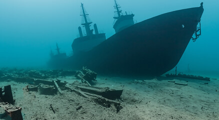amazing sunken and rusty ship under the sea with good lighting in high resolution