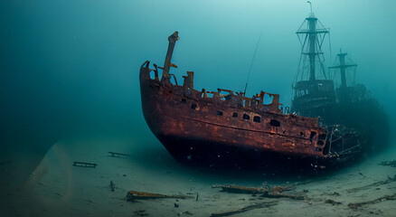 amazing sunken and rusty ship under the sea with good lighting