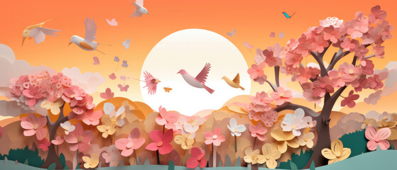 Summer flower background in paper cut style. 