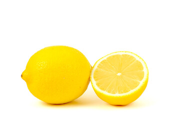 Ripe haft yellow citrus lemon fruitcisolated on white background.High vitamin C fruit.