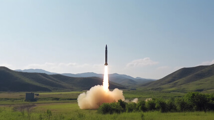 Ballistic missile launched in the North Korean countryside, made with generative AI