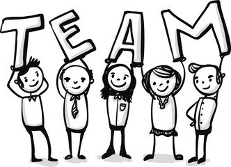Work or Business team of businessmen and businesswomen holding up TEAM Characters at work - doodle - digital hand-drawn vector illustration 