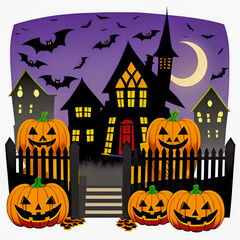 Halloween pumpkins in the dark forest at night