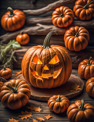 Halloween pumpkins in the dark forest at night