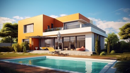 modern luxury villa, real estate, house with  pool, generated AI