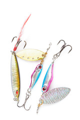 Fototapeta premium Set of metal lures for fishing shot on white