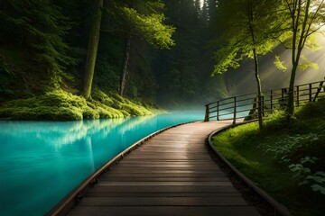 wooden bridge in the forest, sun riseing, greenery in the forest, wooden path   