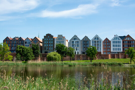 New buildings nearby Malbork castle next to the river Nogat.
