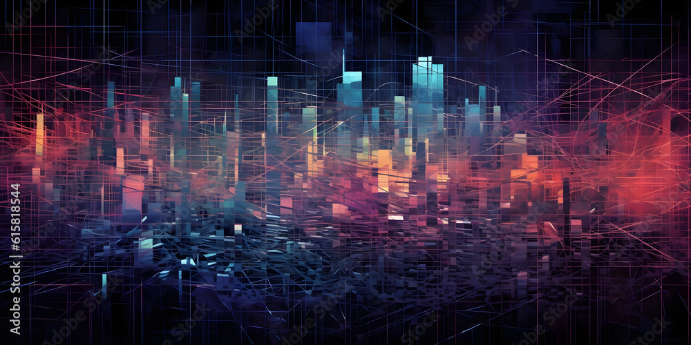 Wall mural blue to pink abstract background with a network grid and particles connected. technology concept.