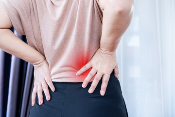 Closeup of a Woman with Lower Back Pain, Muscle Strain, and Spasms due to Prolonged Sitting and...