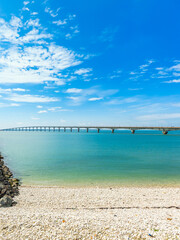 Scenic view of the Ile de Ré bridge seen from La Rochelle shore on a sunny day in...