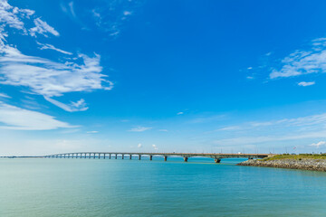 Ile de Ré bridge seen from La Rochelle shore on a sunny day in Charente-Maritime, France