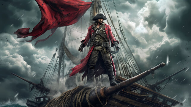 Adventurous pirate, wearing a tattered red bandana and an eyepatch, standing on the bow of a weathered wooden ship. Generative ai.