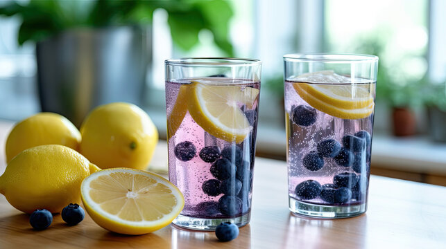 two glasses of water with lemons and blueberries next to them on a table in front of a window