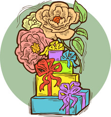 Present box with ribbon bow decorated with flowers for birthday gift, sale promotion, valentines or mothers day card, poster print. Hand drawn cartoon style illustration. Line vector drawing.