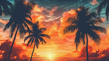Foto auf Acrylglas Orange palm trees at sunset