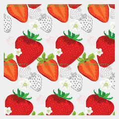 Strawberry. Red, green, yellow colors. Ornament of stylized flowers and berries with leaves in lines and color.