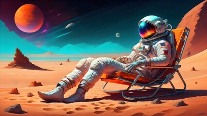 Astronaut or spaceman resting on planet in a beach chair. Holiday on mars. Fantasy art