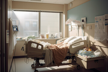 a hospital room with a bed, chair and other items on the floor in front of a window that is open