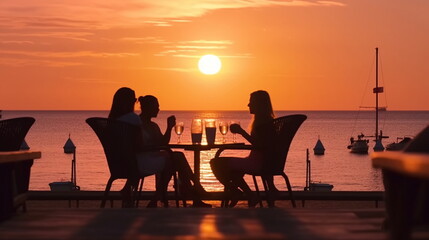 Fototapeta na wymiar friends party on summer evening,people relaxing on sunset promenade in restaurant at summer night ,generated ai
