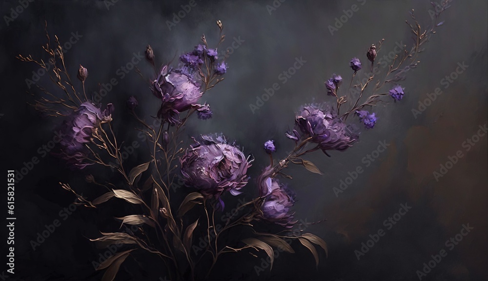 Canvas Prints generative ai, close up of blooming flowerbeds of amazing lavender purple flowers on dark moody flor