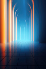 Abstract Roman Hallway with Blue and Orange Light Illuminating Pillared Hallway, Black Background