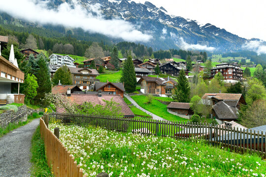 View of alpine Wengen village Beautiful outdoor scene in Switzerland