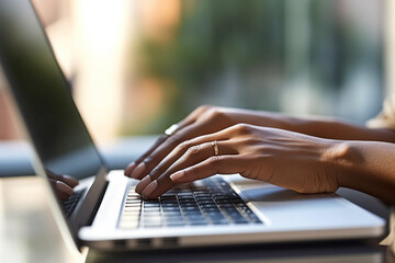 Close-up of an ethnic woman's hands typing on a laptop keyboard, ethnic woman working, business, natural light, affinity, bright background Generative AI