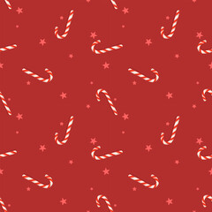 Vector. seamless pattern. Christmas candy cane and stars on red background for wrapping paper, scrapbook elements, fashion fabric texture, pajama textile, graphic design wallpaper.