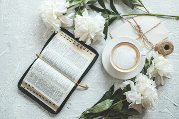 Open bible in home morning interior