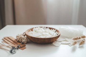 Set for crafting candle on white background. Eco soy wax and candle making tools. DIY candles. Hobby concept