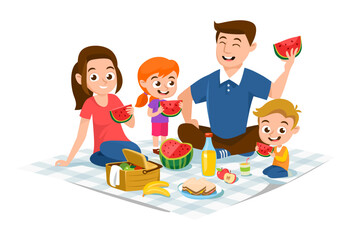 A happy family with children on a picnic isolated on white background. Cartoon characters of a young couple with kids sitting on a blanket and eating watermelon on a weekend trip. Vector illustration