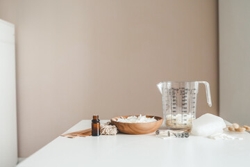 Set for crafting candle on white background. Eco soy wax and candle making tools. DIY candles. Hobby concept