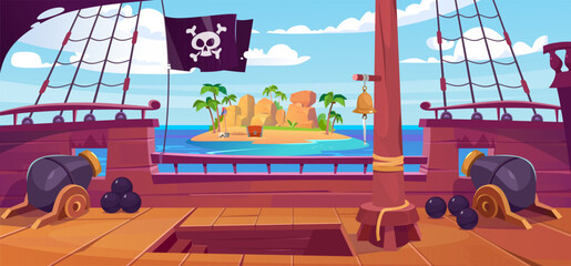 Background with a view from a pirate ship's deck on a tropical island with a hidden Corsair treasure chest. Battleship with skull and crossbones flag and cannons searching for a treasure in the ocean.