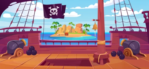 Poster Piraten Background with a view from a pirate ship's deck on a tropical island with a hidden Corsair treasure chest. Battleship with skull and crossbones flag and cannons searching for a treasure in the ocean.  © Microstocker.Pro