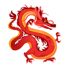 Vector illustration of a traditional Asian red dragon isolated on white background. Icon of a Chinese zodiac symbol, a magical legendary creature in cartoon style. Creative design element.