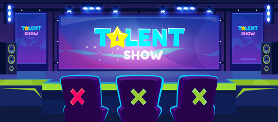 Background of a talent show competition with stage and judges' chairs. Promotional poster concept for a skill competition event or a TV program with celebrities. Cartoon vector illustration.