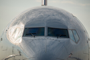 Close up view of the fuselage of a passenger jet plane.