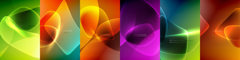 Bright neon glowing flowing elements abstract backgrounds. Design set for wallpaper, banner background, landing page, wall art, invitation, prints, posters