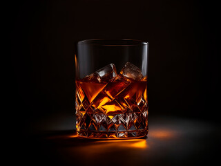 Vaso de whisky con hielo sobre un fondo oscuro. Vista de frente y de cerca. Copy space.  IA Generativa