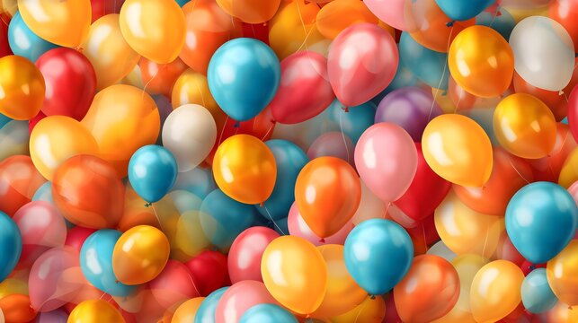 Bright Shiny Multicoloured Balloons Filled With Helium, Balloon Stack Of Multiple Colours, Pink, Orange, Blue And Red Balloons Background