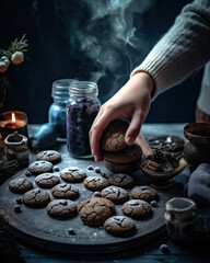 someone placing some cookies on a plate with smoke coming from the top left hand and candle in the middle right hand