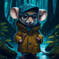 Un ratón con anteojos vestido con un abrigo amarillo y gafas en el bosque en un día lluvioso. Vista de frente y de cerca. IA Generativa - obrazy, fototapety, plakaty