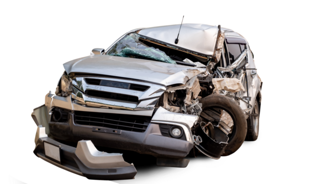 Front of white car get damaged by accident on the road. damaged cars after collision. isolated on transparent background, PNG file
